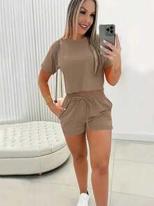 Conjunto de 2 piezas de camiseta y pantalones cortos de unicolor casual para mujer - Marrón Mocha - Ver 3
