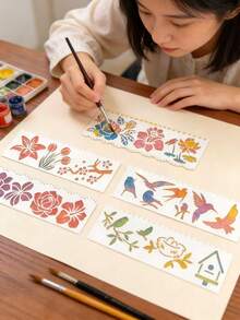 8pcs Flower & Bird Feather Painting Stencils, Spray Painting Graffiti DIY Masking Plates, Suitable For Gift Box, Scrapbooking, Canvas Art, Fabric Printing, Reusable Plastic Material - Flowers, Birds, and Feathers - View 8
