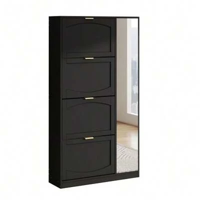 Modern Shoe Cabinet With Mirror, 4 Fold-Down Storage Compartments, Adjustable Shelf Behind The Right-Hand Mirror, Ideal For The Entryway, Black, Dimensions: W 80 Cm / H 147 Cm / D 24 Cm