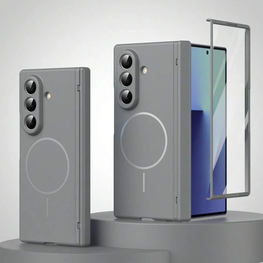 VIETAO Funda de teléfono compatible con Samsung Galaxy Z Fold 7 6 5 4 con protector de pantalla de cristal templado, carga inalámbrica magnética y cubierta completa - Gris - Ver 1