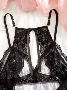 女士性感内衣套装，可调节肩带三角罩杯蕾丝边缎面睡裙，性感露背花卉图案系带舒适睡衣 - 黑色 - 查看 5