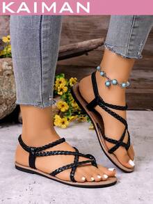 1 par de sandalias planas de moda para mujer, sandalias planas de verano con banda elástica tejida de cuero sintético para playa y vacaciones - Negro - Ver 5
