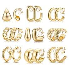 9 pares de pendientes de clip de moda minimalistas en forma de C, gota de agua y nudo de bambú, adecuados para uso diario sin orejas perforadas - Multicolor - Ver 1