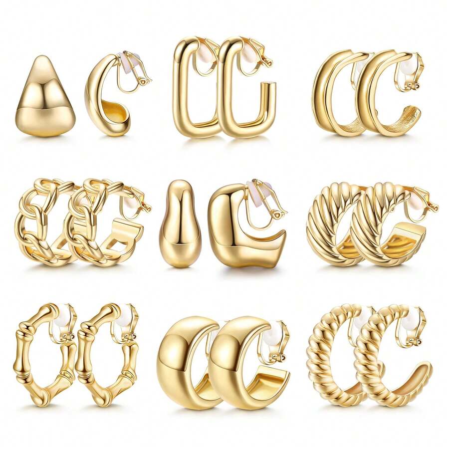 9 pares de pendientes de clip de moda minimalistas en forma de C, gota de agua y nudo de bambú, adecuados para uso diario sin orejas perforadas - Multicolor - Ver 1