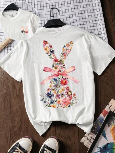 Plus Size Women Easter Bunny & Floral Print White Round Neck Casual T-Shirt, Women Summer Loose Short Sleeve Casual Tee, Vacation T-Shirt, Daily Commute Casual Style