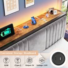 EnHomee Bed Frame With 5 Storage Drawers & Storage Headboard With Outlets, Upholstered Velvet Bed Frame With LED Lights & Charging Station, NO Noise, Easy Assembly, Camas, Grey - 查看 5