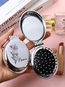 Custom Name Folding Mirror Comb With Birth Flower, Personalized Compact Mirror With Brush For Travel Makeup Daily Use, Elegant Mini Hair Comb Mirror For Purse Vanity, Meaningful Mother's Day Birthday Gift For Mom Wife Friend, Customized Portable Beauty Tool, Customizable Unique Keepsake - Multicolor - View 6