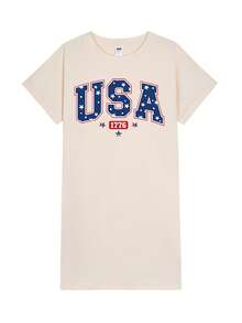 Women's Plus Size Summer USA 1776 T-Shirt Dress, Patriotic Star Graphic, Milk Fiber Casual Crew Neck Dress For 4th Of July & Western Outfits - 杏色 - 查看 3