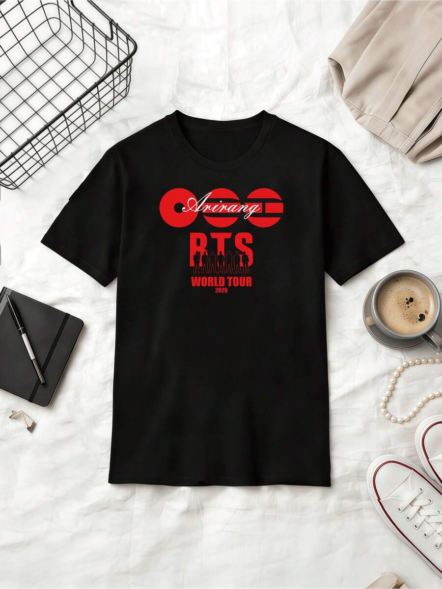 WORLD TOUR 2026 'Arirang' Red & Black Vintage Graphic Summer Cotton Casual Short Sleeve T-Shirt - màu đen - Xem 1