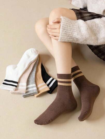 6双条纹袜，简约时尚中筒袜，多色百搭，透气吸汗，适合运动休闲穿着，四季皆宜。