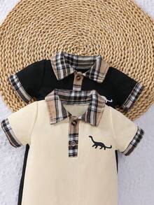 Bộ áo liền quần tay ngắn cổ polo kẻ caro in hình khủng long cho bé trai mùa hè (2 món) - Nhiều màu - Xem 3