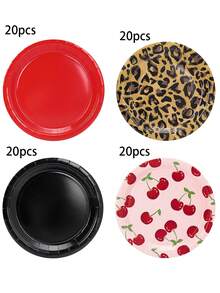 10pcs/40pcs/80pcs Leopard Print & Cherry Pattern Paper Plates Set - 7 Inch Round Paper Plates, Includes Leopard Print, Solid Red, Solid Black And Pink Cherry Patterns, Suitable For Bachelorette Party, Valentine's Day, Vintage Birthday Party, Unisex - Multicolor - View 13