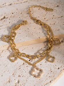 1件优雅经典镂空全镶钻四叶草钛钢手链，轻盈奢华时尚双层百搭幸运四叶草 - 金黃色 - 查看 4