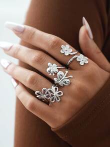 Frminee 3 Stücke/1 Stück Boho-Stil Blumen & Schmetterling Edelstahl Ring Set, Statement Ringe, verstellbare goldfarbene Ringe, geeignet für den täglichen Gebrauch, Urlaub und als Geschenk - Silber - Übersicht 4
