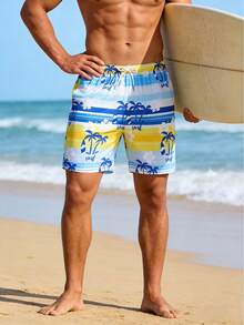男士休闲椰树印花抽绳腰沙滩短裤，夏季 - 黃色 - 查看 1