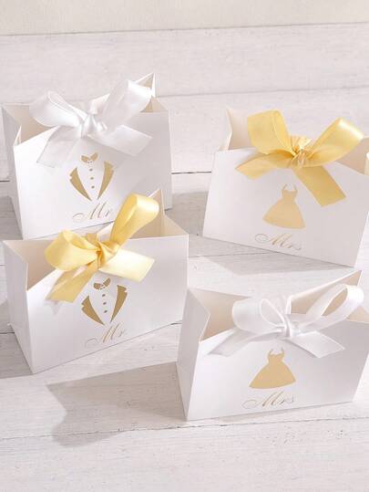 Gold Foil Dress Shaped Wedding Favor Box, Romantic Ceremony Accessory, Daily Decor, White Base With White/Gold Satin Ribbon Bow, Gold Foil Printed Suit And Wedding Dress Pattern, "Mr/Mrs" Text, Compact And Exquisite Design, Suitable For Storing Candies And Small Items, Paper Material Lightweight And Durable, Ideal Wedding Favor And Ceremony Gift Box