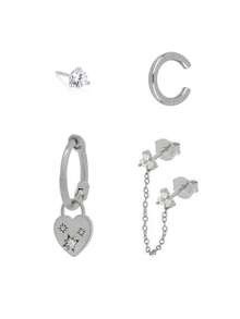 4 piezas Conjunto de aretes colgantes con forma de corazón para mujer, chapados en oro con circonita cúbica, conjunto de aretes con doble pendiente y cadena, accesorios de joyería para boda y fiesta - 4 piezas/juego - Ver 7