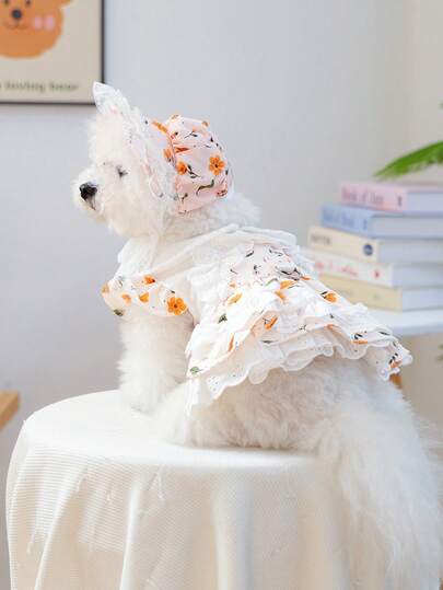 PETCIRCLE Bộ phụ kiện 2 món cho chó mèo nhỏ - Bộ váy voan thời trang thường ngày cho cún con/mèo con Teddy Pomeranian kèm mũ hoa hướng dương và đầm dự tiệc mùa xuân.