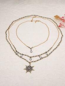 1 Set de Collar de Cadena Multicapa con Colgante de Estrella de Aleación Retro de Lujo para Mujer - Collar personalizado - Ver 3