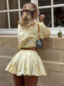 2pcs/Set New Striped Contrast Color Loose Waist Long Sleeve Blouse & Pleated Wide Leg Shorts, Casual Young Style For Back To School, Loose Digital Print Striped Outfit - Màu vàng - Xem 4