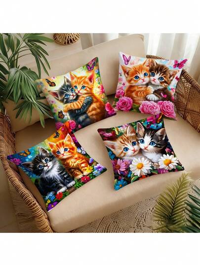 4pcs Set Cozy Embracing Cats Pillow Covers, Rose & Daisy Floral Print Bedroom Headboard Cushion Covers (Pillow Inserts Not Included)