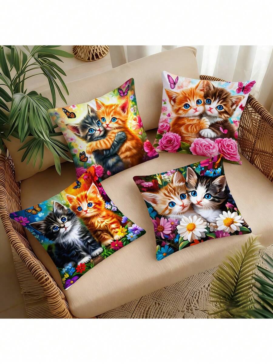 Bộ 4 vỏ gối hình mèo ôm nhau ấm áp, họa tiết hoa hồng và hoa cúc, dùng cho đầu giường phòng ngủ (không bao gồm ruột gối) - Nhiều màu - Xem 1