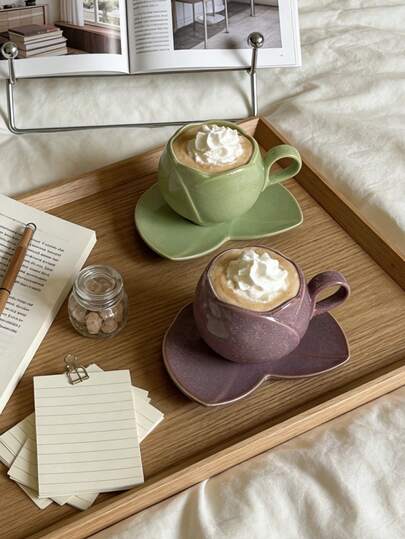 1 Set Of Petal-Shaped Ceramic Coffee Cups And Saucers, Heat-Resistant And Easy To Clean, Ideal For American Coffee, Espresso, Cappuccino And Milk. Suitable For Cafes, Homes, Restaurants, Parties, Balls, Offices, As Well As Gifts For Father's Day And Mother's Day, Friends And Partners, Family Members, Teachers, Colleagues And Other Festive Occasions.