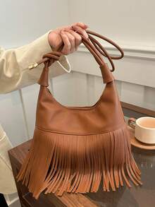 新款复古流苏手提包，时尚简约休闲大容量斜挎单肩包 - 棕色 - 查看 6