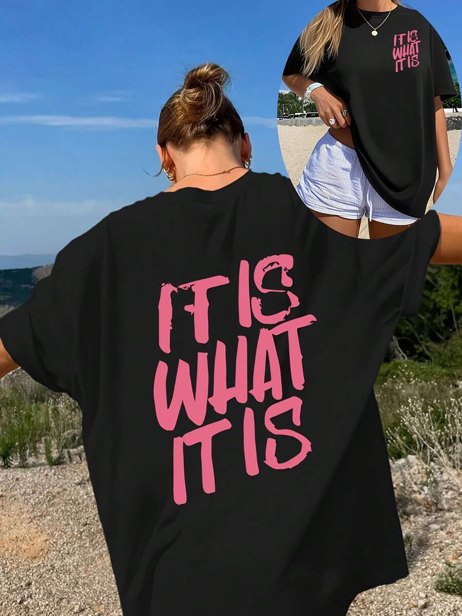 Casual Oversized Round Neck Drop-Shoulder T-Shirt By Mme Xia, Plus Size, Comfortable And Slightly Elastic. - Black - View 1