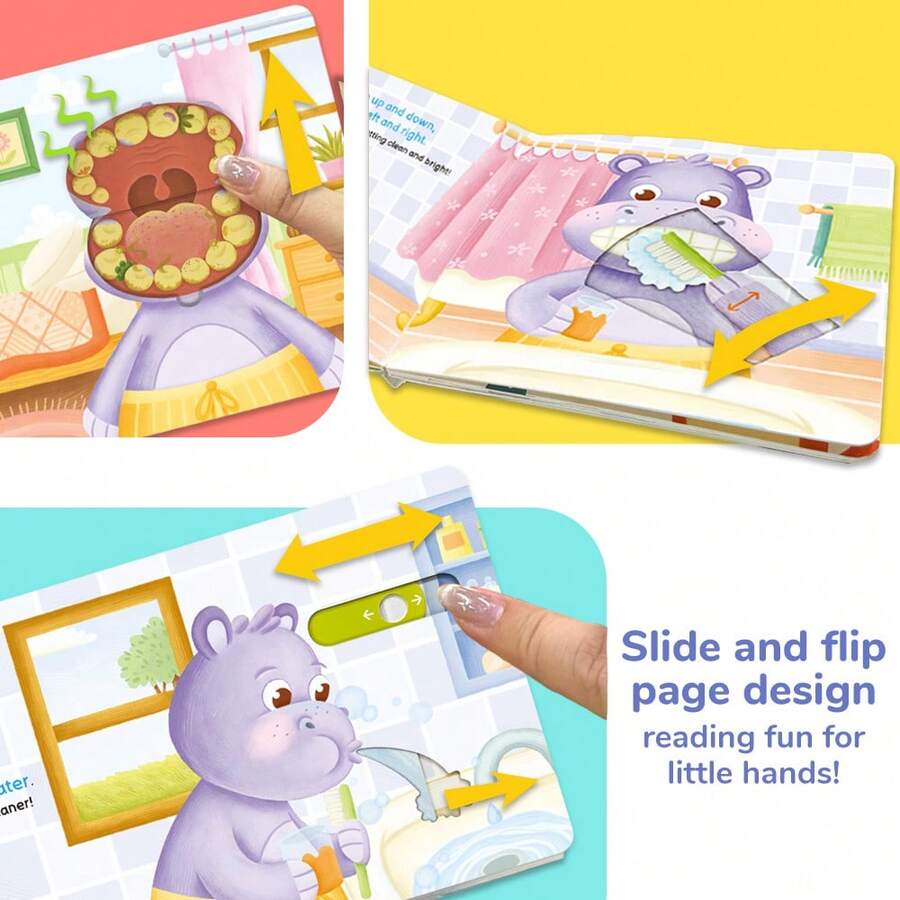 beartale 1 Set Libro interactivo de juego de empujar-tirar-deslizar para niños, libro de actividades de educación temprana sobre cepillarse los dientes con tema de hipopótamo, libro de juego de exploración con tema de hipopótamo, un libro interactivo atractivo sobre cepillarse los dientes para niños pequeños con 3 diseños de empujar, tirar, deslizar, un libro de actividades y juguete educativo, ilustraciones vívidas, 3 juguetes educativos de diseño, regalo del Día del Niño