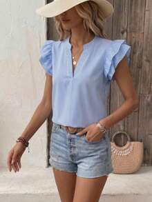 YUXIN 女士休闲透气竖条纹衬衫，荷叶领花瓣袖，易于打理，夏季假日周末必备单品 - 藍色 - 查看 11