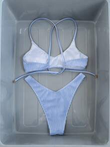 Women's Summer Vacation Beach Casual Blue & White Striped Print Random Tie Starfish Decor Top And Versatile High-Cut Sexy Cute High Waist Bikini Bottoms 2-Piece Swimwear - Blue and White - View 3