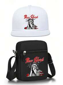 1 pezzo/2 pezzi Set di cappellino da baseball e borsa a tracolla con stampa creativa della Statua della Libertà di New York, stile streetwear alla moda per sport all'aperto, cappellino con visiera piatta regolabile e borsa a spalla, regalo per amici e anniversari - Multicolore - Visualizzare 14