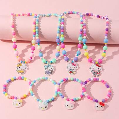 SANRIO 2件套女孩可爱小猫玻璃珠手链，适合节日派对、上学、生日礼物，颜色随机