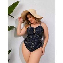 Plus Size Swimsuit -PrintPiece Bathing Suit With Gold Accent, Tummy Control, Supportive - Women's Swimwear For Beach & Pool - 多色382 - 查看 2