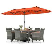 8 PCS Outdoor Wicker Dining Furniture & Double-Sided Umbrella With Solar LED Lights - Orange - View 6