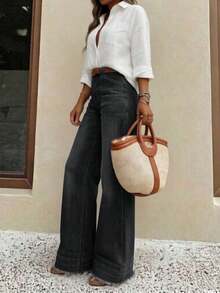 Nuevos pantalones vaqueros de pierna ancha de ajuste holgado y de alta calidad para mujer, cómodos para uso diario, para todas las estaciones, primavera - Negro - Ver 5