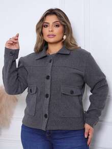 Women's Casual Jacket, Wool-Type Fabric, Pockets, Buttons On The Front, Suitable For Everyday Cold Weather. - 深灰色 - 查看 3