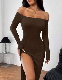 Swisz Long-Sleeved Dress With Dropped Shoulders And High Side Slit, Sexy, Elegant, Sensual, Foreign Style. - Rỉ Nâu - Xem 6
