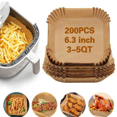 200/100/50/10 قطعة ورق زبدة لقلاية الهواء، بطانات قلاية الهواء مقاومة للزيت والماء، بطانات قلاية الهواء المربعة القابلة للتخلص منها بقطر 6.3 بوصة، مناسبة للقلي والخبز والفرن والميكروويف