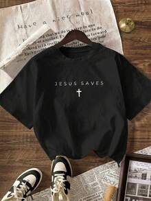 耶稣拯救，女士夏季服装，女士沙滩装，女士休闲衬衫，女士休闲圆领短袖T恤（黑色） - 黑色 - 查看 1