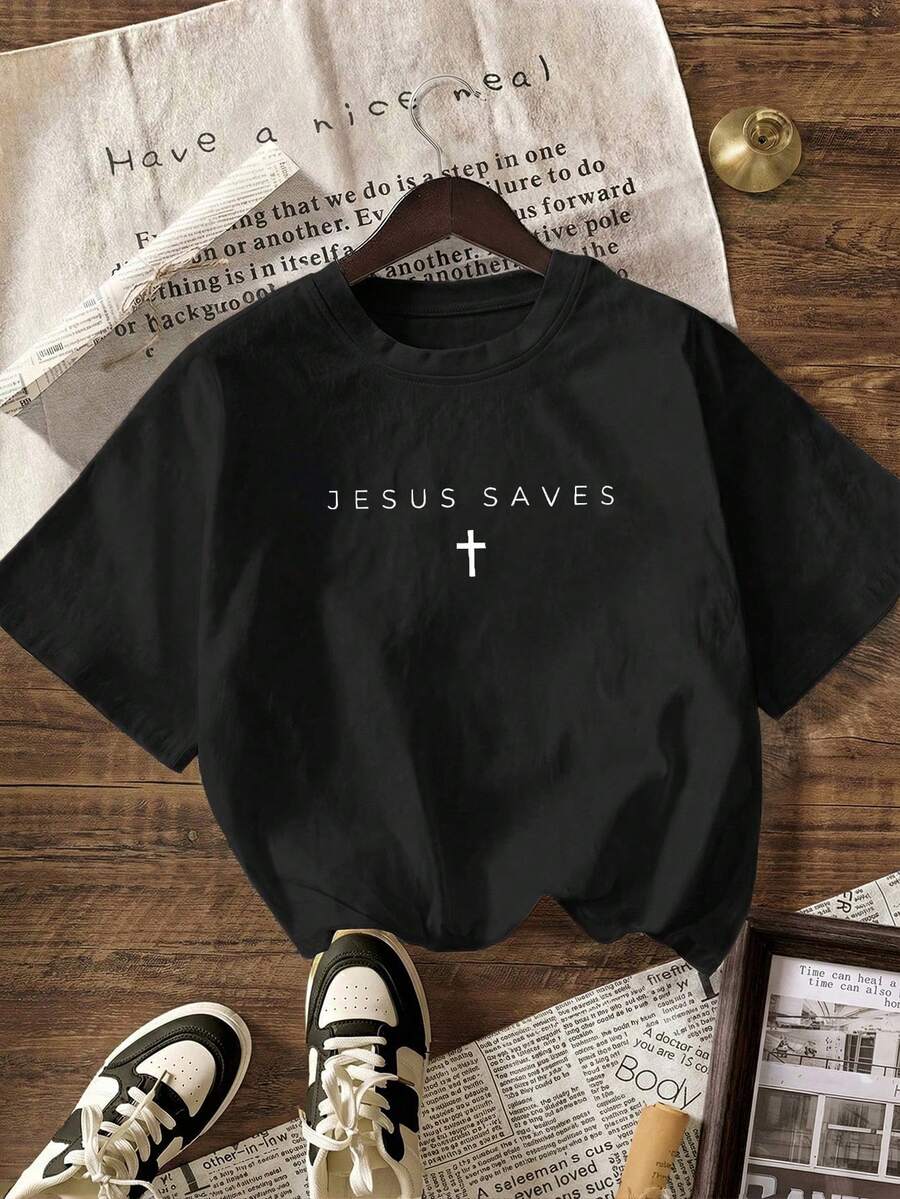 耶稣拯救，女士夏季服装，女士沙滩装，女士休闲衬衫，女士休闲圆领短袖T恤（黑色） - 黑色 - 查看 1