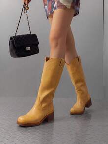 Women's Modern Knee High Boots With Vintage Western Stitching Comfortable And Versatile Tall Boots Low Heel Motorcycle Boots - 芥末黃 - 查看 9