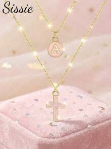 Bộ 2 chiếc dây chuyền mặt chữ và thánh giá tối giản thời trang cho trẻ em, thích hợp cho bé gái dự tiệc bãi biển, kỳ nghỉ, trang phục thường ngày, quà Giáng sinh và sinh nhật. - Hồng - Xem 1