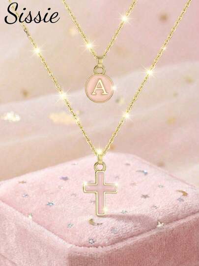 2pcs/Set Kids Minimalist Fashion Letter & Cross Pendant Necklaces, Suitable For Girls Beach Party Holiday Casual Wear, Christmas Birthday Gift
