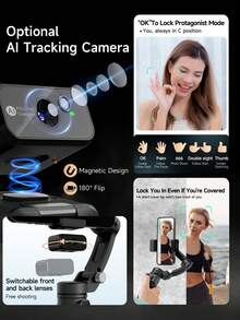 AI Smart Handheld Gimbal Stabilizer,3-Axis Foldable Smart Face Tracking Gimbal Stabilizer,Foldable 360° Rotating Selfie Stick/Tripod With Fill Light,Wireless Remote Control Phone Holder For Smartphones, Detachable Dimmable Fill Light, Portable Size For Travel Vlogging Shooting - 查看 7