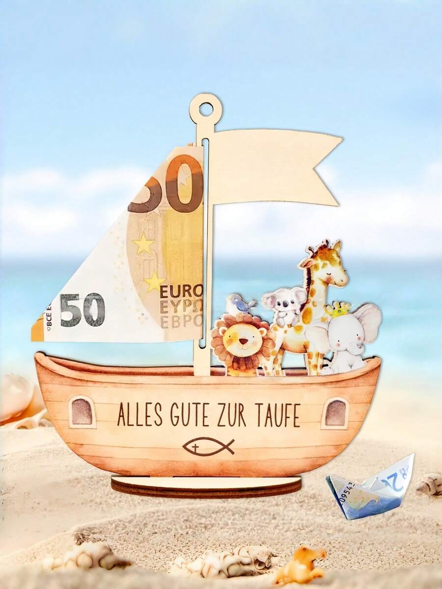 1 pieza Moneda de madera con forma de moneda, regalo de bautizo adecuado para niños y niñas, billetera decorativa con arca de Noé, decoración creativa para graduación/boda - arca - Ver 1