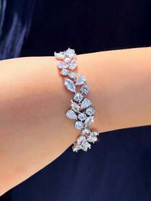 1pc Sparkling Cubic Zirconia Irregular Leaf Branch Cubic Zirconia Wedding Bracelet, Silver Plated & Gold Plated Bridal Jewelry For Brides, Bridesmaids, Engagement, Banquet, Pageant, Prom - 1pcs Bracelet - View 5