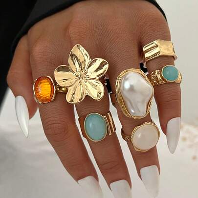 Bộ 7/5 chiếc nhẫn hở kiểu cổ điển, thanh lịch, phong cách Bohemian, Baroque, bất đối xứng, đính ngọc trai và đá quý nhiều màu sắc, hình hoa, giọt nước và trái tim, thích hợp cho phụ nữ đeo hàng ngày, dự tiệc, đi biển, hẹn hò, là lựa chọn quà tặng hoàn hảo.