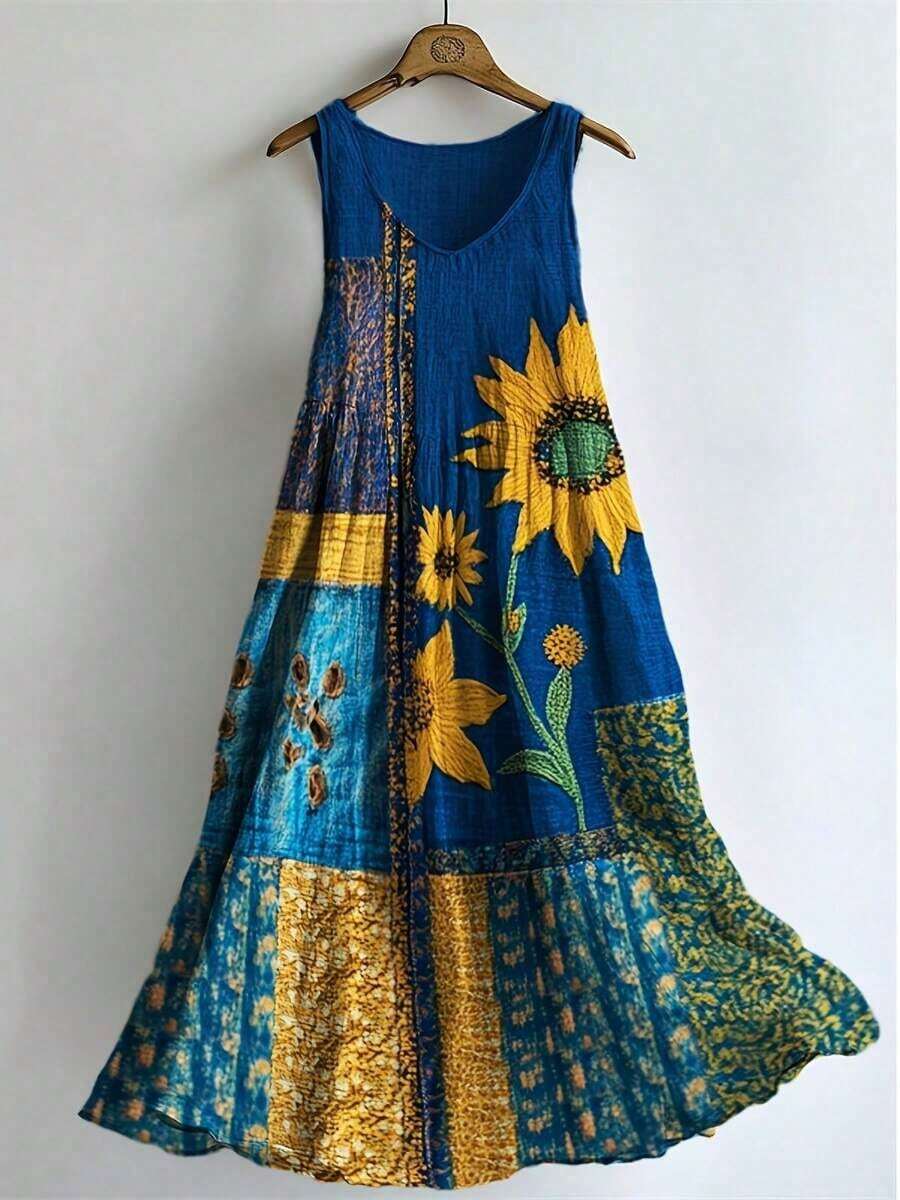 Women's Plus Size Boho Maxi Dress, Sleeveless V Neck Embroidered Patchwork Casual Dress (Multiple Patterns Available) - Blue and Yellow - View 1